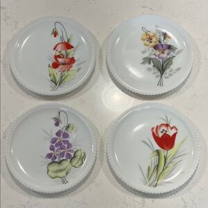 Westmoreland Milk Glass Beaded Edge Salad Plates with Floral Designs
